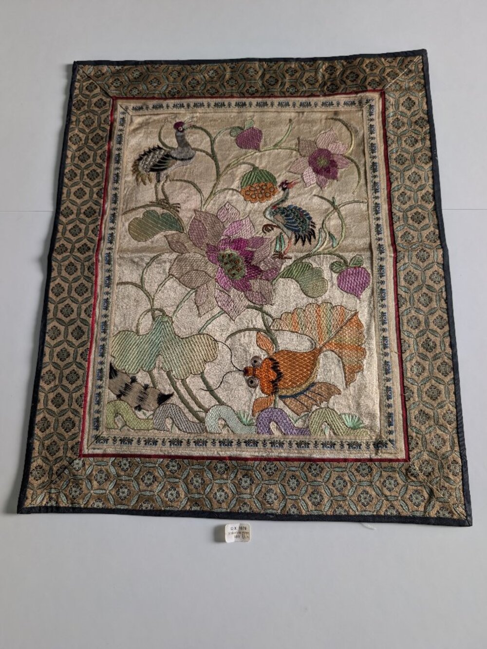 Antique Chinese Embroidered Silk Art Panel Featuring Two Birds Lotus Fish Motif